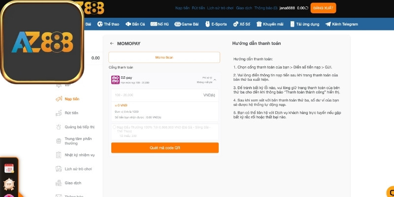 Hướng dẫn nạp tiền Az888 qua Momopay